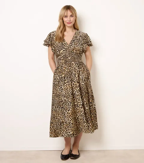 Women's Brown Animal Print Midi Dress