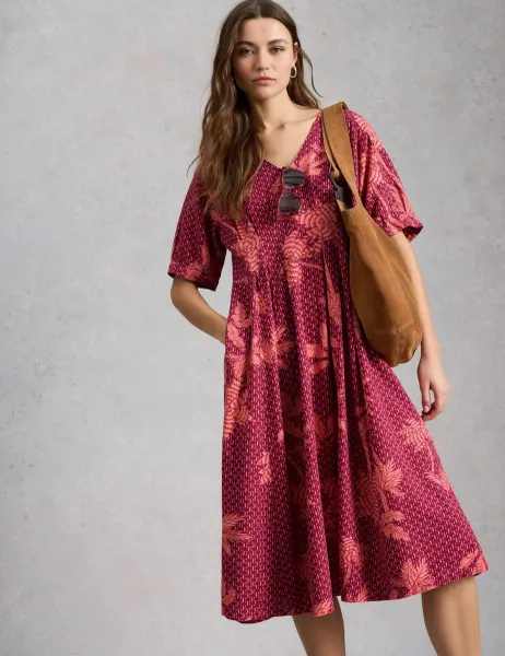 White Stuff Linen Rich Printed V-Neck Midi Tea Dress Pink Mix