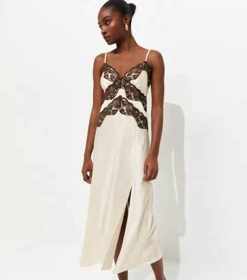 Women's Cream Contrast Lace Trim Slit Hem Midi Dress