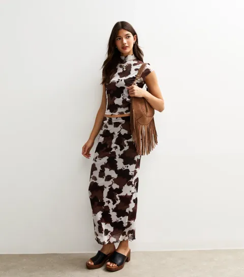 Women's Brown Cow Print Mesh Midi Skirt