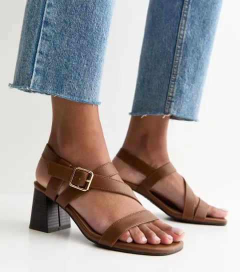 Women's Wide Fit Tan Faux Leather Mutli Strap Block Heel Sandals Vegan