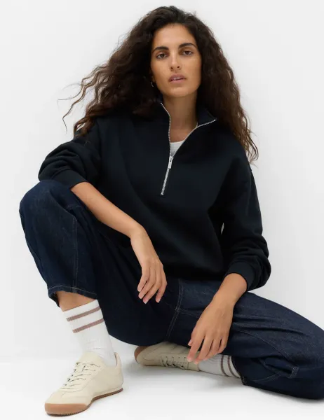Marks & Spencer Pure Cotton Premium Half Zip Ultimate Sweatshirt Navy