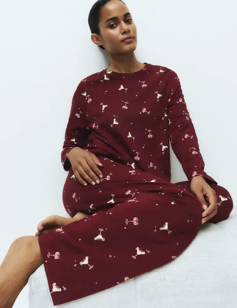 Marks & Spencer Pure Cotton Printed Pyjama Set Burgundy