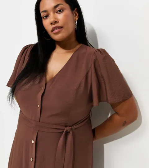 Women's Plus Size Dark Brown Button Through Puff Sleeve Midi Dress Curves