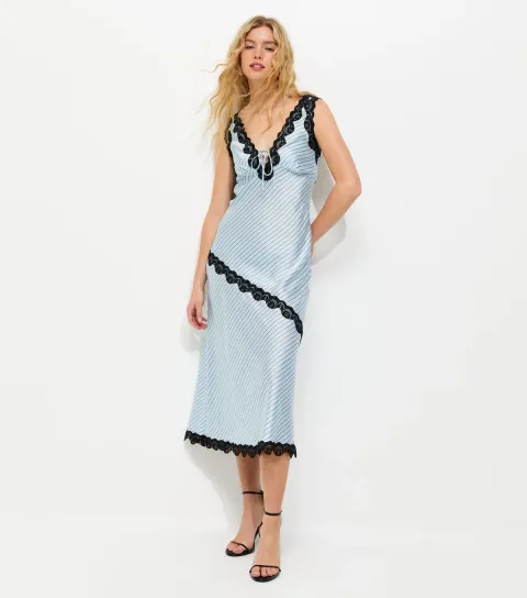 Women's Blue Satin Lace Trim Sleeveless Midi Dress