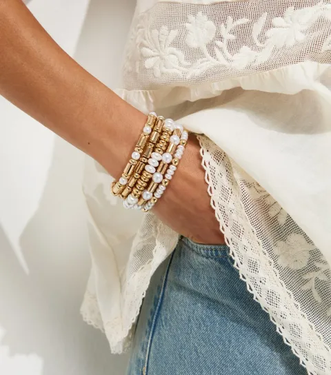 Pack of 5 Gold Tone Faux Pearl Beaded Bracelets