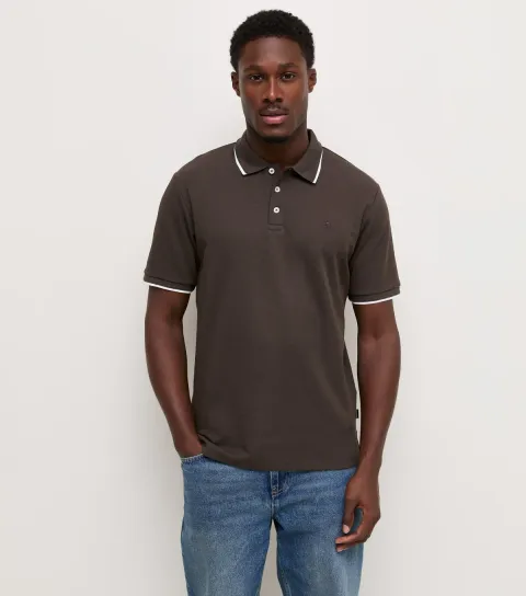 Men's Dark Brown Contrast Trim Short Sleeve Polo Shirt