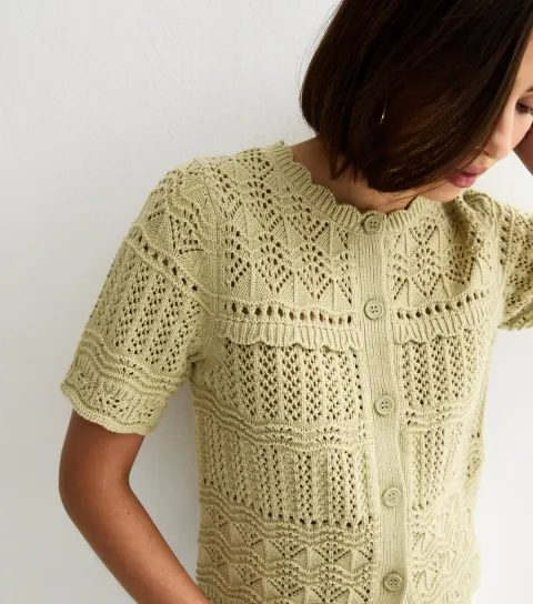 Women's Green Cotton Rich Patterned Knit Short Sleeve Cardigan