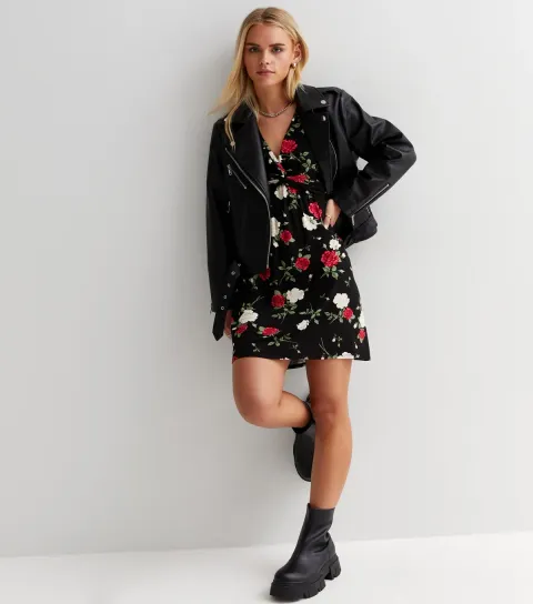 Women's Petite Black Floral V Neck Twist Front Mini Dress