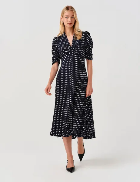 Ghost Polka Dot V-Neck Midi Tea Dress Navy Mix