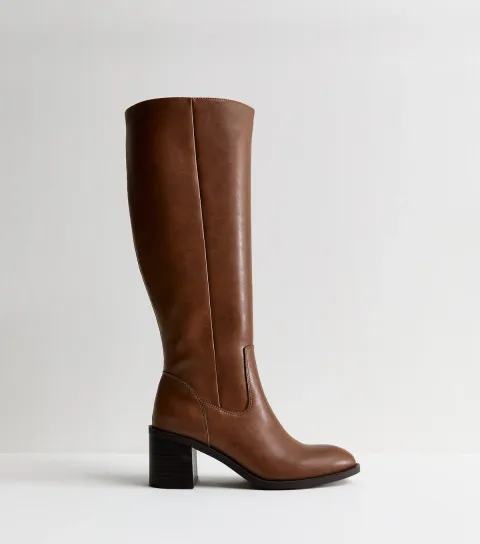 Women's Tan Faux Leather Block Heel Boots Vegan