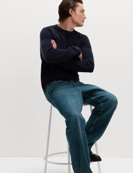 Pure Cotton Textured Crew Neck Jumper Navy