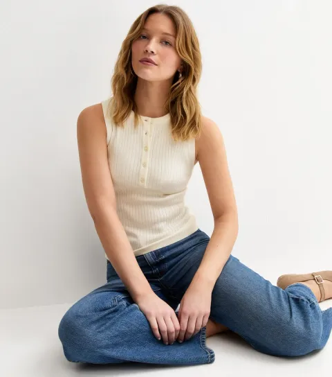 Women's White Knitted Sleeveless Henley Top