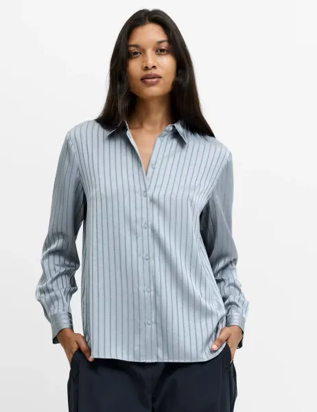 French Connection Satin Striped Button Through Shirt Grey Mix