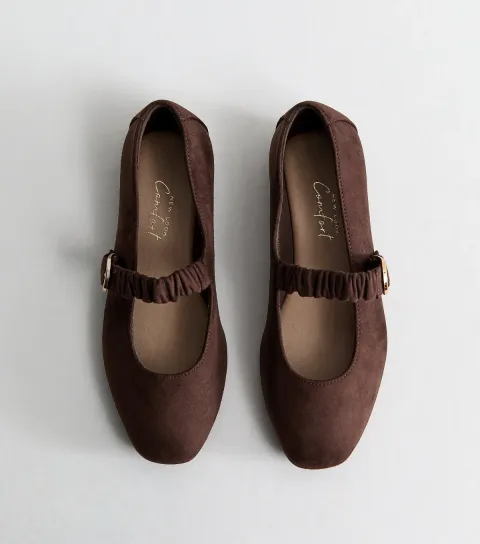 New Look Women's Wide Fit Dark Brown Faux Suede Ruched Strap Mary Jane Shoes Vegan