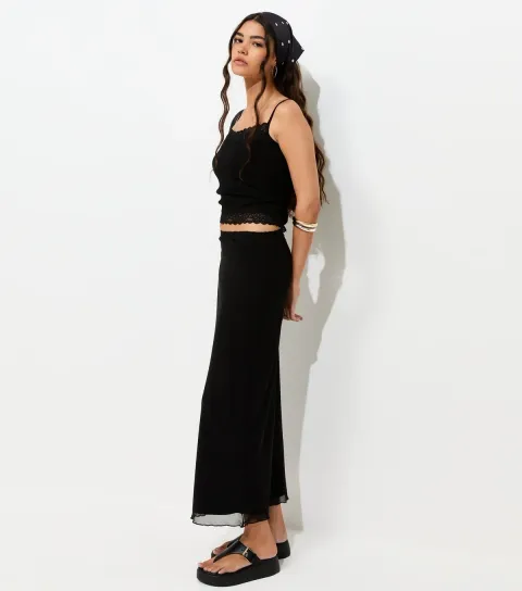 Women's Black Lace Waistband Mesh Midi Skirt