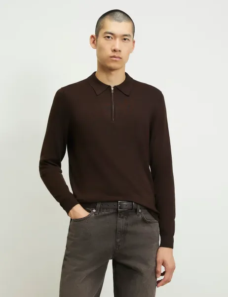 River Island Slim Fit Half Zip Long Sleeve Polo Shirt Brown