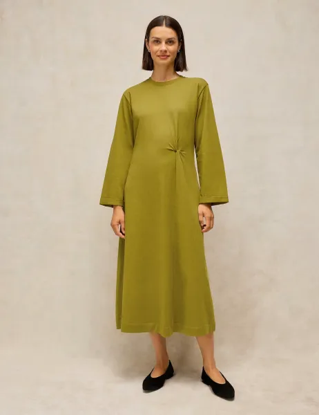 White Stuff Gracie Pure Cotton Crew Neck Midi Twist Dress Medium Green