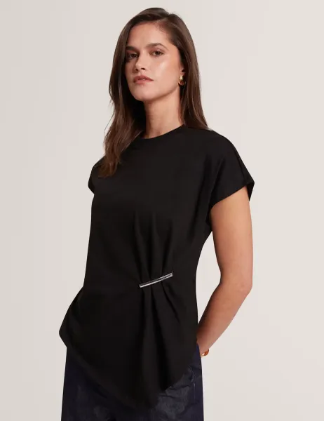 Ted Baker Pure Cotton Crew Neck Gathered T-Shirt Black