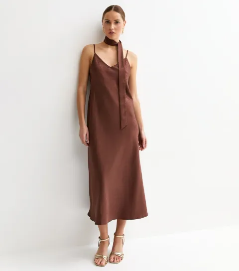New Look Women's Dark Brown Satin Slip Midi Dress with Scarf