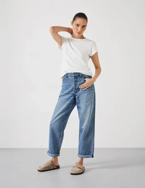 HUSH Boyfriend Mid Rise Cropped Turn Up Jeans Light Blue