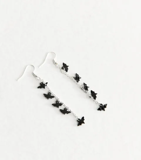 Silver Tone Halloween Bat Charm Drop Earrings