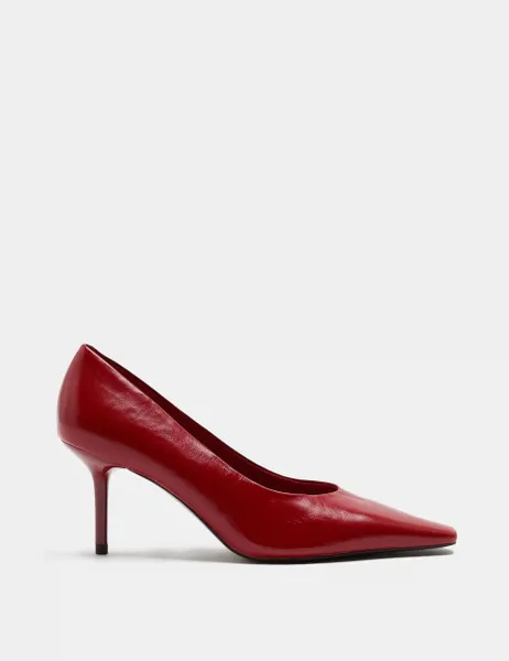 Marks & Spencer Leather Stiletto Heel Chisel Toe Court Shoes Red