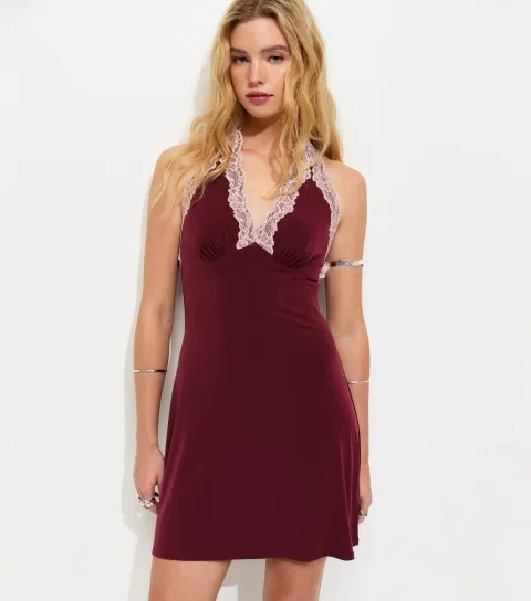 New Look Women's Dark Burgundy Contrast Lace Trim Halter Neck Mini Dress