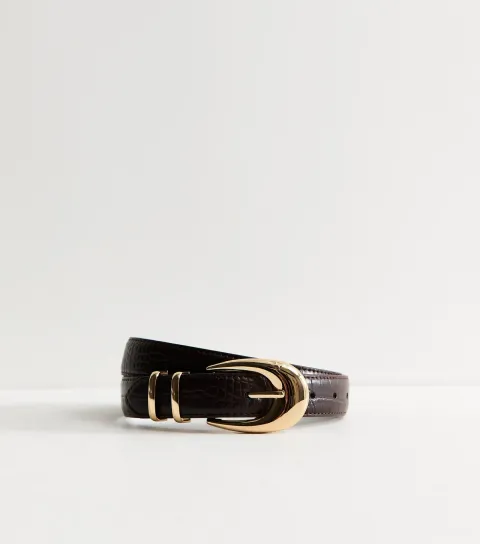 Dark Brown Faux Leather Croc Embossed Belt