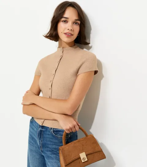 Women's Oatmeal Short Sleeve Knitted Cardigan