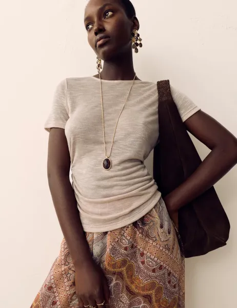 Per Una Slub Ruched Side Detail Short Sleeve Top Beige