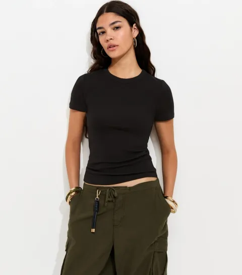 Women's Black Cotton Rich Crew Neck Top