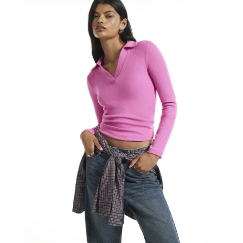 River Island Long Sleeve Rib Polo Top