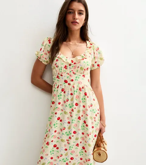 Women's Cream Fruit Print Ruffle Trim Faux Button Tea Midi Dress