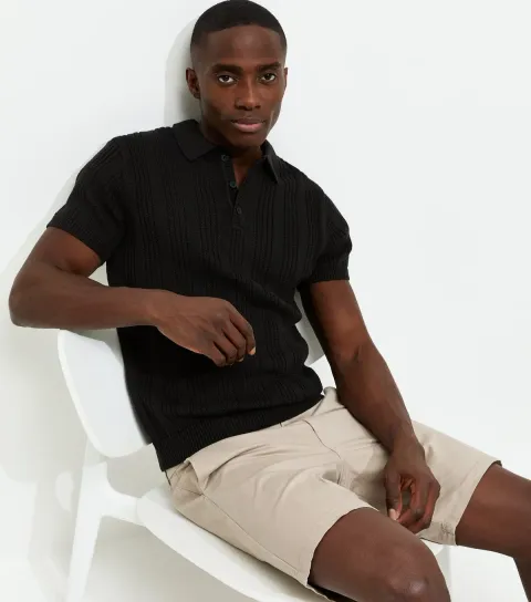 Men's Black Regular Rib Knit Striped Polo Shirt