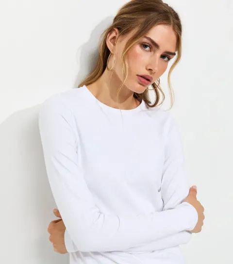 Women's White Cotton Rich Crew Neck Long Sleeve T-Shirt