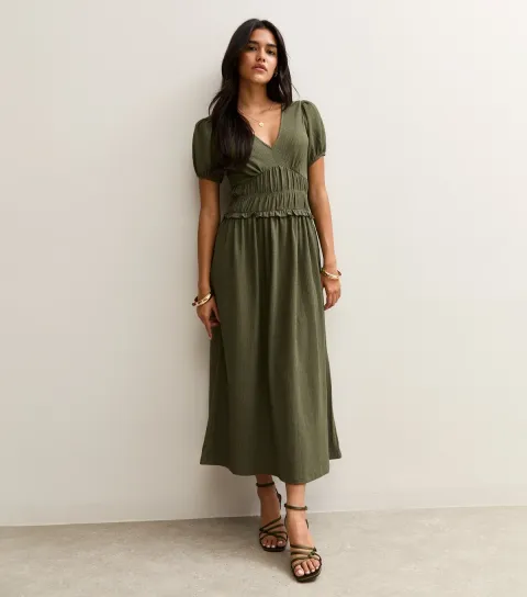 Women's Khaki Crinkled Texture Shirred Waist Midi Dress