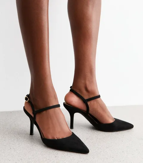 Women's Black Faux Suede Pointed Toe Court Shoes