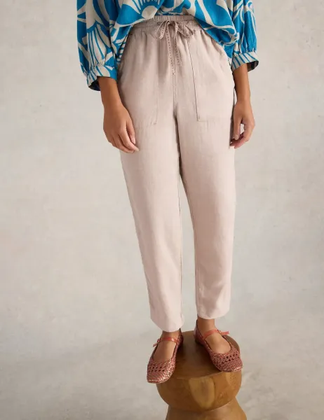 White Stuff Linen Blend Drawstring Ankle Grazer Trousers Natural