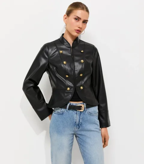 Women's Black Faux Leather Button Detail Fitted Jacket