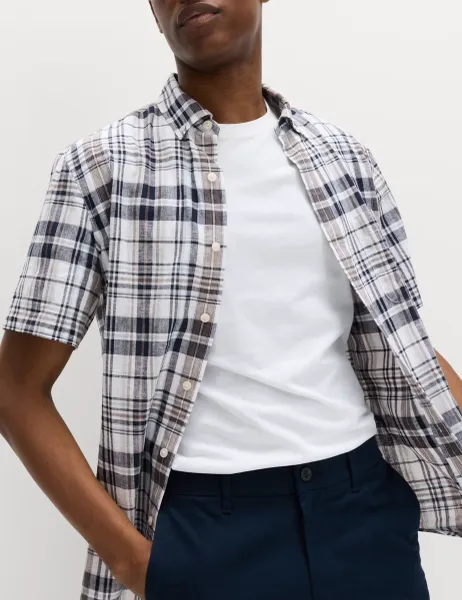 Marks & Spencer Cotton Linen Blend Check Short Sleeve Shirt White Mix