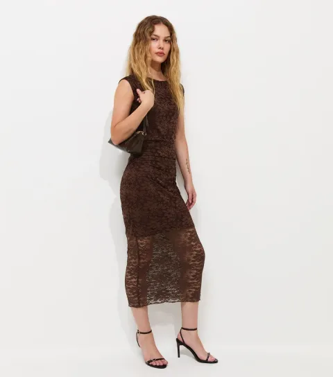 Women's Dark Brown Lace Ruched Side Sleeveless Midi Sleeve Dress