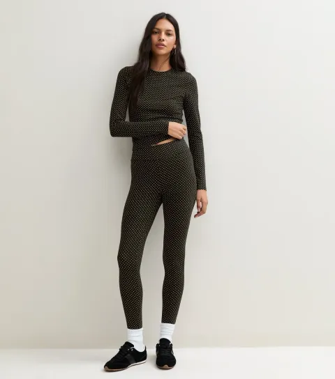 New Look Women's Black Cotton Rich Polka Dot High Waist Leggings