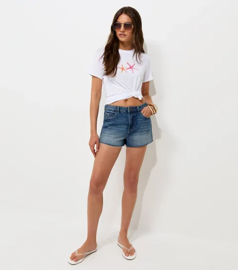 Women's White Cotton Starfish Print Relaxed T-Shirt
