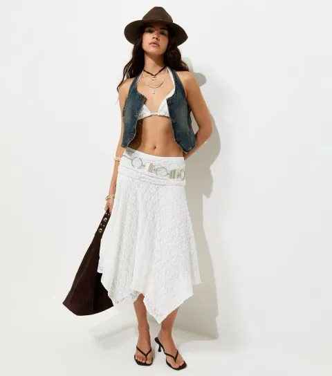 Women's White Lace Folded Waistband Handkerchief Hem Midi Skirt