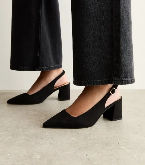 Women's Wide Fit Black Faux Suede Block Heel Slingback Pumps Vegan