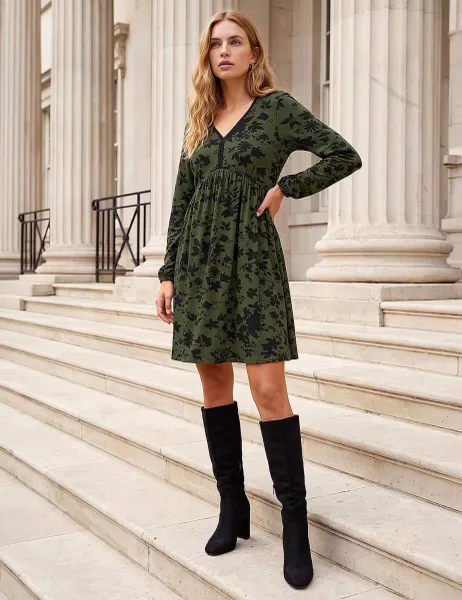 Roman Jersey Floral V-Neck Skater Dress Green