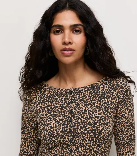 Women's Brown Animal Print Button Through Long Sleeve Top