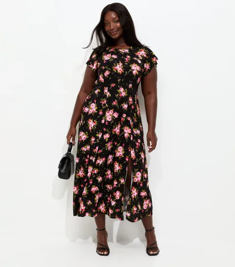 Women's Plus Size Black Floral Print Lace Trim Midi Dress Curves