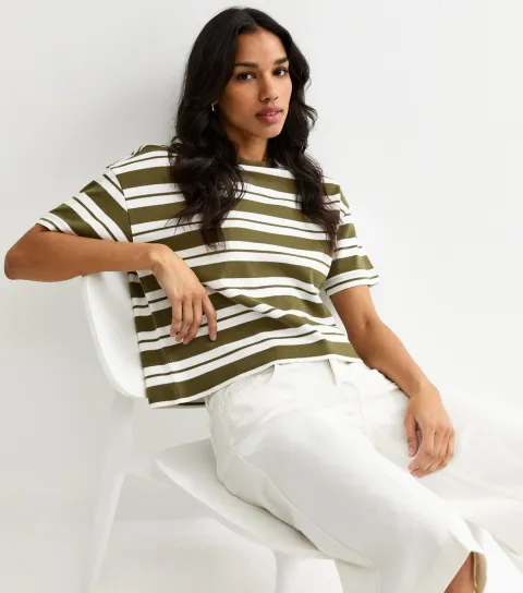 Women's Premium Green Striped Heavyweight Cotton T-Shirt